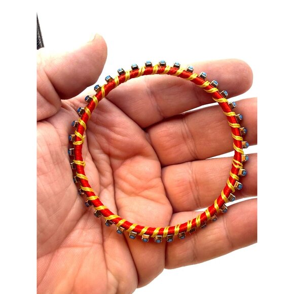 VTG Handmade Wrapped Bangle Bracelet Red Yellow Thread Blue Rhinestone Accents - Picture 6 of 6